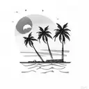 3 palm trees on a beach with a setting sun and an old shipwreck tattoo design idea