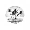 3 palm trees on a beach with a setting sun and an old shipwreck tattoo design idea