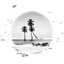 3 palm trees on a beach with a setting sun and an old shipwreck tattoo design idea