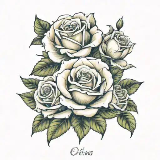 realistic roses with some leaf and three names that are olivia, valeria and mencia tattoo design idea