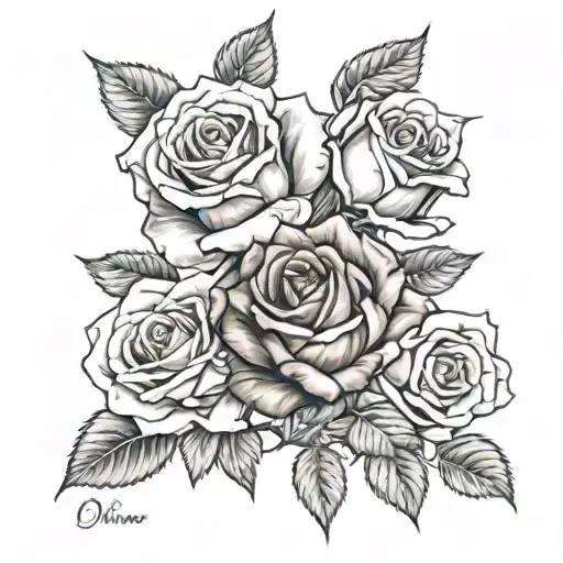 only t hree realistic roses with some leaf and three names that are olivia, valeria and mencia tattoo design idea