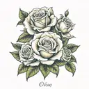 realistic roses with some leaf and three names that are olivia, valeria and mencia tattoo design idea