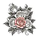 realistic roses with some leaf and three names that are olivia, valeria and mencia tattoo design idea