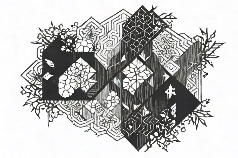 Kumiko transition into wood grain  tattoo design idea