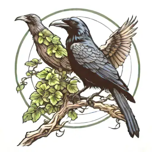 Raven perched, shamrock in ravens beak, moon surrounded tattoo design idea