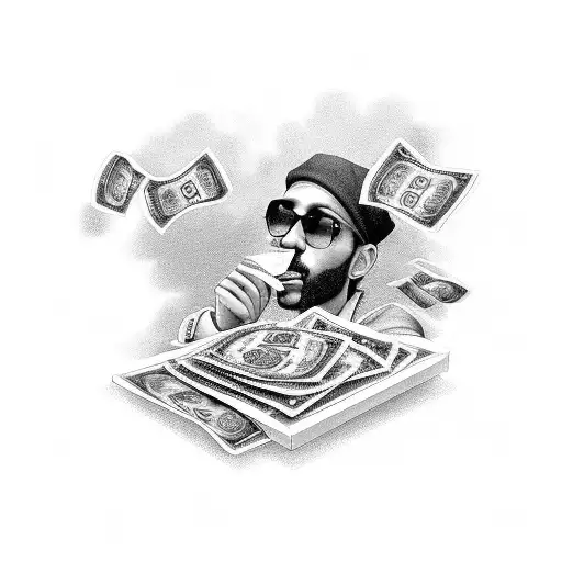 A black-grey portrait of a drug dealer counting money with smoke forming the background tattoo design idea