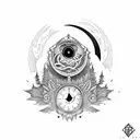 reloj de arena en un bosque oscuro y con una luna en forma de ojo tattoo design idea