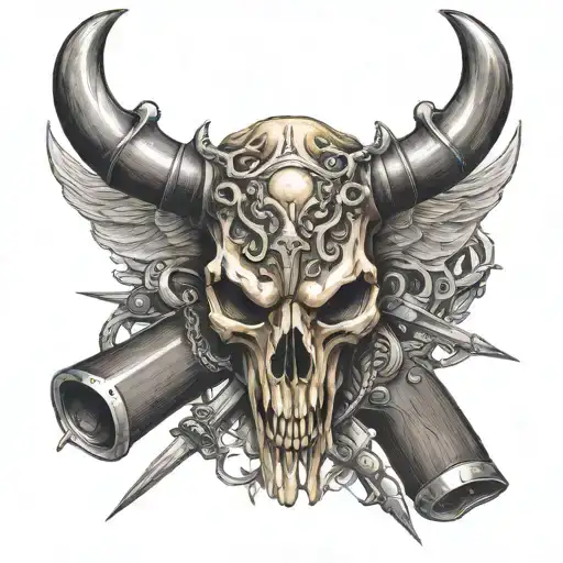 bull skull and guns crossed swords tattoo design idea