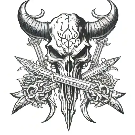 bull skull and guns crossed swords tattoo design idea