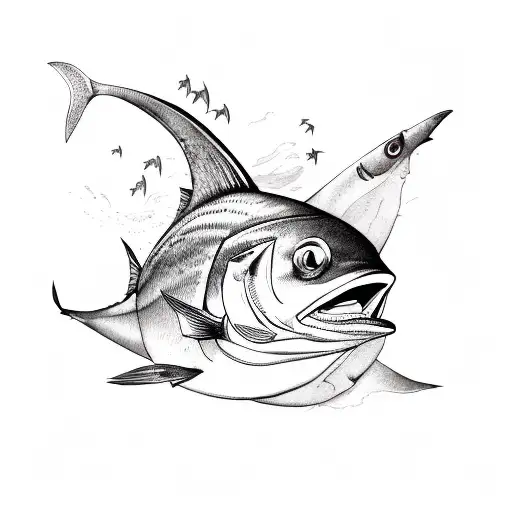 Tuna Fish, with a broken reel, 91 inchs in writing StMawes as the location tattoo design idea