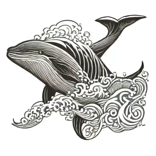 seaman sailing towards a huge wave caused by a whale jumping out of the sea. tattoo design idea
