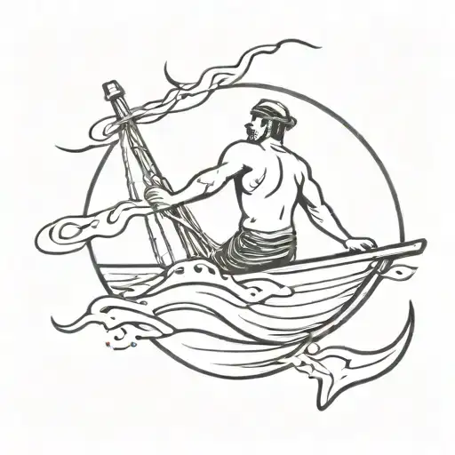 seaman overcoming the waves crashing in his boat anchor hanging tattoo design idea
