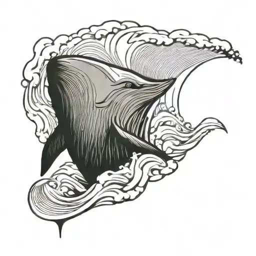 seaman sailing towards a huge wave caused by a whale jumping out of the sea. tattoo design idea