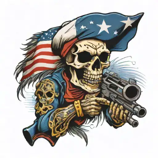 sacario skull holding guns  wearing American flag with Hawaiian background  tattoo design idea