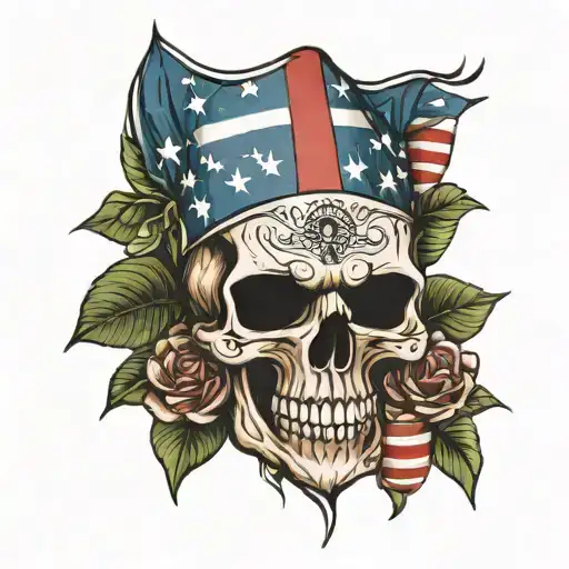 sacario skull wearing American flag with Hawaiian background  tattoo design idea