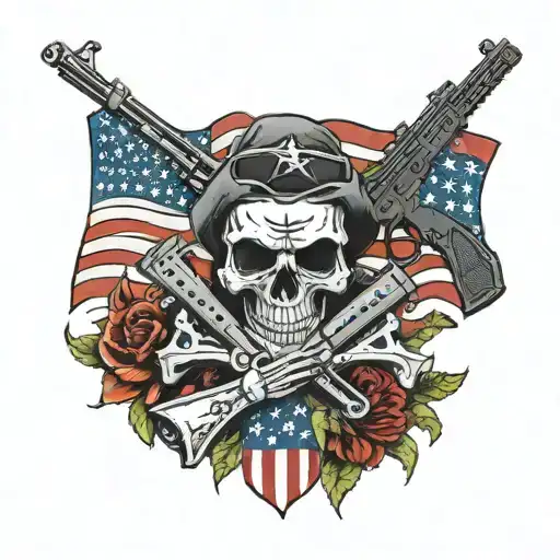 sacario skull holding guns  wearing American flag with Hawaiian  flag background  tattoo design idea