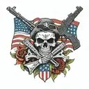sacario skull holding guns  wearing American flag with Hawaiian  flag background  tattoo design idea