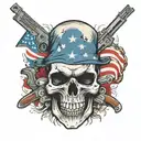 sacario skull holding guns  wearing American flag with Hawaiian  flag background  tattoo design idea