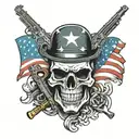 sacario skull holding guns  wearing American flag with Hawaiian  flag background  tattoo design idea