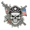 sacario skull holding guns  wearing American flag with Hawaiian  flag background  tattoo design idea