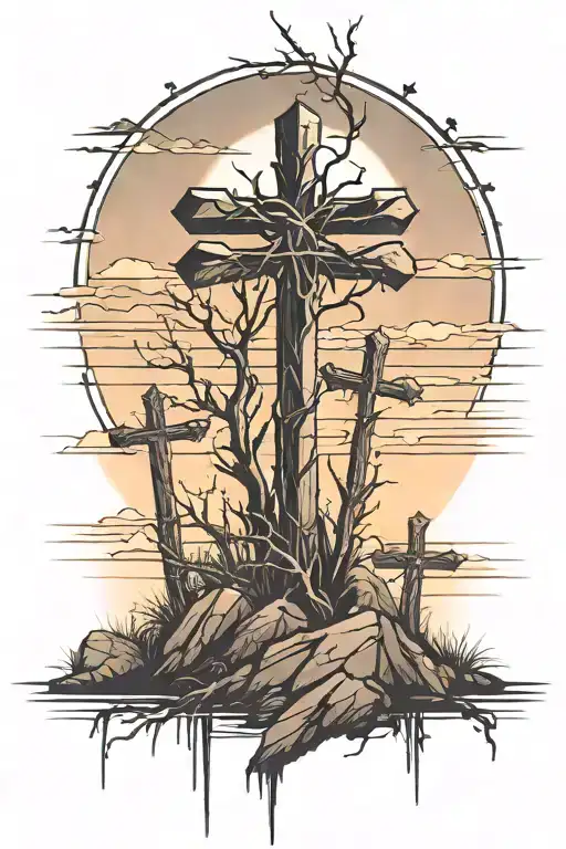 3 crosses with thorns on them on top of a mountain with sunset in background  tattoo design idea