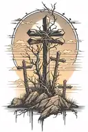 3 crosses with thorns on them on top of a mountain with sunset in background  tattoo design idea