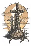 3 crosses with thorns on them on top of a mountain with sunset in background  tattoo design idea