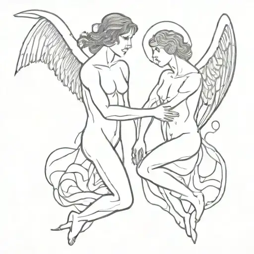 two broken angels being hugged by God reaching tattoo design idea