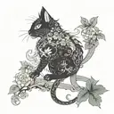 cat dragon with leafs and birds tattoo design idea