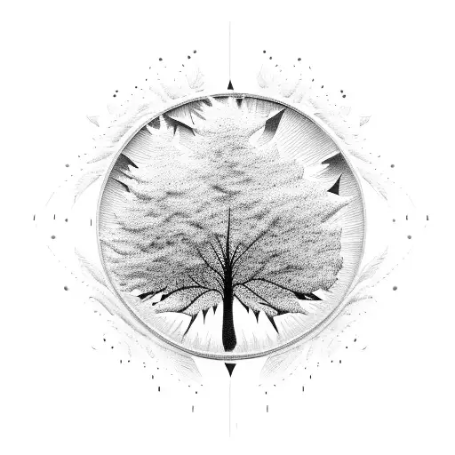 A blackwork tattoo of the band Korn's logo incorporated into a tree silhouette with falling leaves tattoo design idea