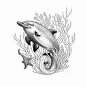 A blackwork design of underwater creatures like dolphins, seahorses, and corals tattoo design idea