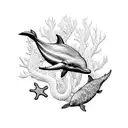 A blackwork design of underwater creatures like dolphins, seahorses, and corals tattoo design idea