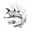 A blackwork design of underwater creatures like dolphins, seahorses, and corals tattoo design idea