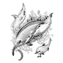 A blackwork design of underwater creatures like dolphins, seahorses, and corals tattoo design idea