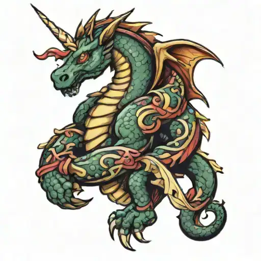 dragon wrapped around arm with a unicorn surrounded tattoo design idea