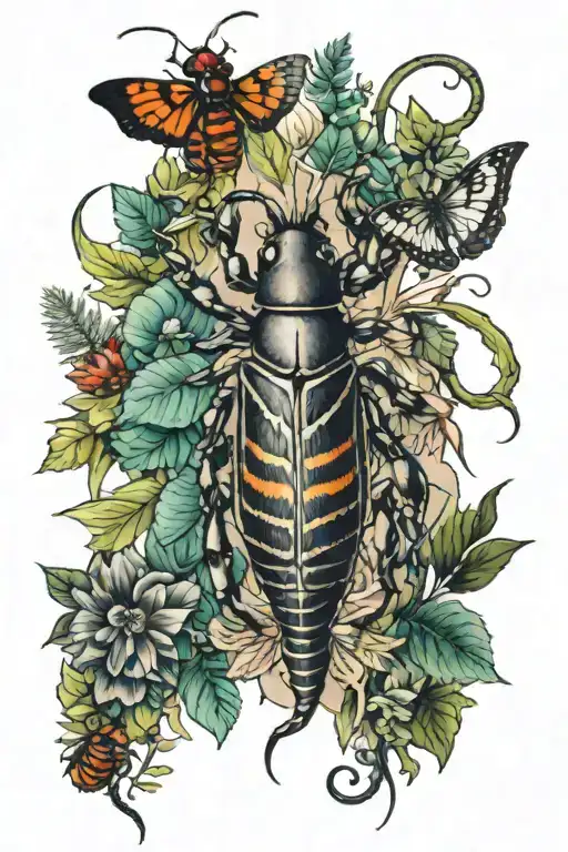 bugs, arachnids, reptiles, and foliage sleeve  tattoo design idea