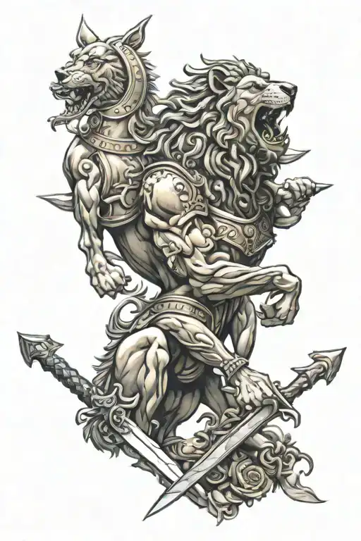 cross, sword, Roman armour, wolf, lion, Centaur, renaissance art, hand of god  tattoo design idea