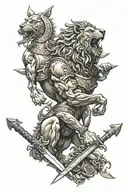 cross, sword, Roman armour, wolf, lion, Centaur, renaissance art, hand of god  tattoo design idea