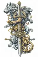 cross, sword, Roman armour, wolf, lion, Centaur, renaissance art, hand of god  tattoo design idea