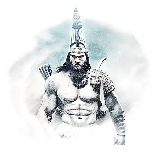 A muscular Spartan warrior with a spear in his hand, topped by crows and behind him a huge tsunami wave tattoo design idea
