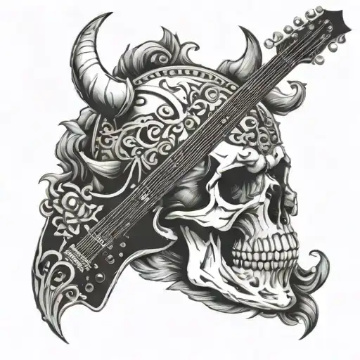 Viking skull and guitar merging tattoo design idea