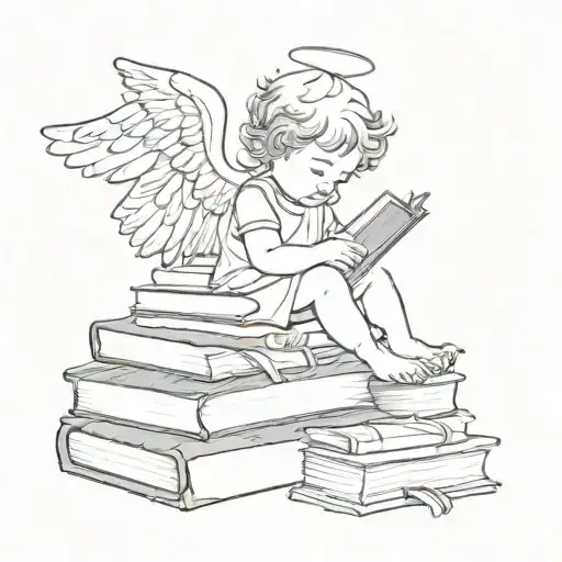 create a fine line tattoo of a baby angel peacefully resting on small stack of books make it minimalistic tattoo design idea