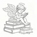 create a fine line tattoo of a baby angel peacefully resting on small stack of books make it minimalistic tattoo design idea