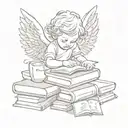 create a fine line tattoo of a baby angel peacefully resting on small stack of books make it minimalistic tattoo design idea