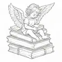create a fine line tattoo of a baby angel peacefully resting on small stack of books make it minimalistic tattoo design idea