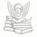 create a fine line tattoo of a baby angel peacefully resting on small stack of books make it minimalistic tattoo design idea