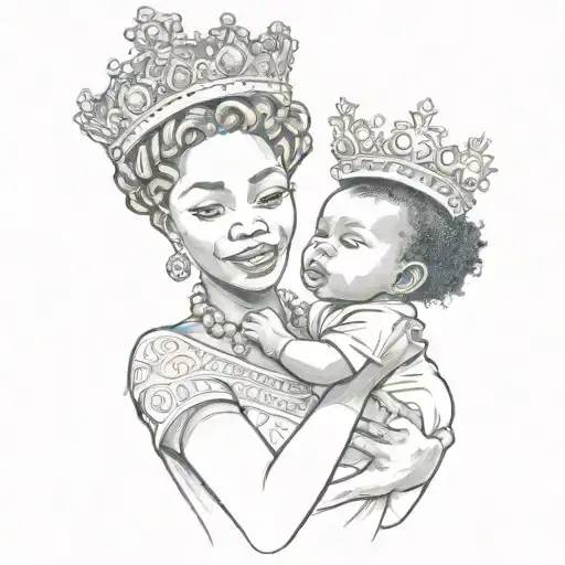 African queen passing a crown on to her baby son tattoo design idea