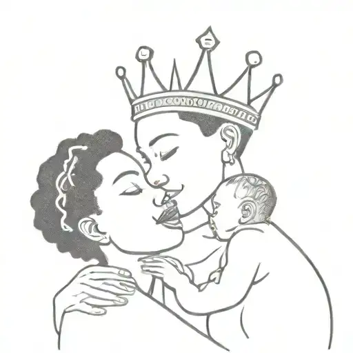 African queen placing a crown on her baby sons head while she is holding him tattoo design idea