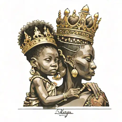 African queen holding her son while fixing the crown on his head tattoo design idea