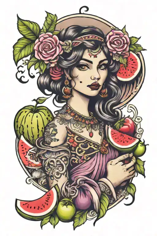 gypsy girl and plum, apple, melon and watermelon tattoo design idea